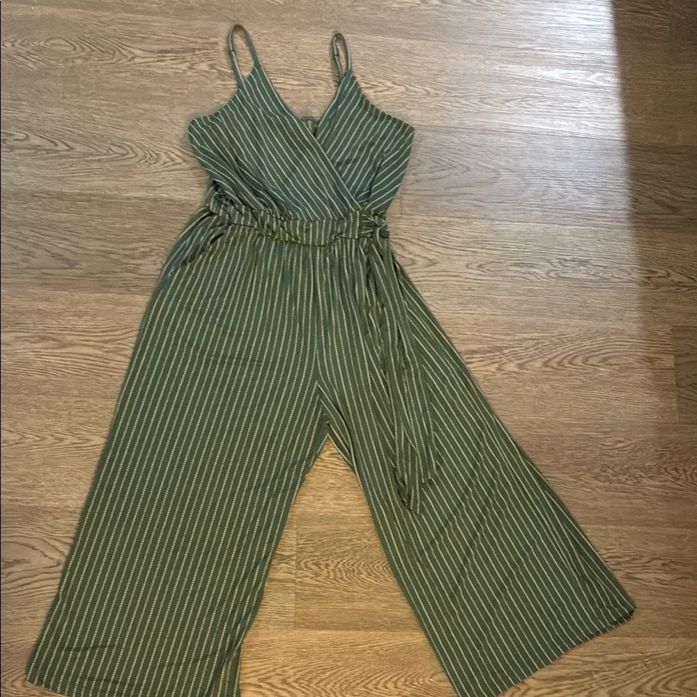 Olive Green V-Neck Jumpsuit with Wide-Leg Design